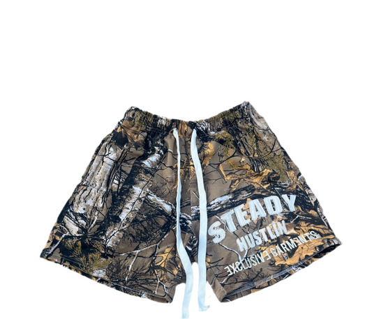 Steady Hustlin 3xclusiv3 garm3nts camo leaf shorts